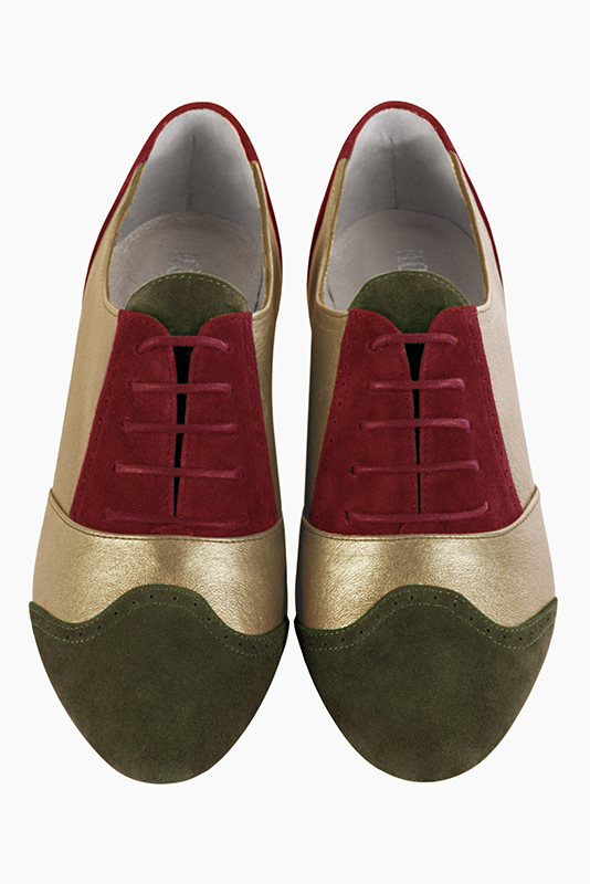 Khaki green, gold and burgundy red women's fashion lace-up shoes. Round toe. Flat leather soles. Top view - Florence KOOIJMAN